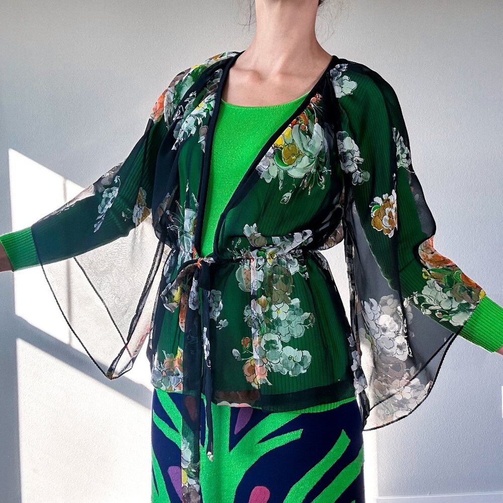 Vintage Transparent Floral Over top with waist tie Size medium